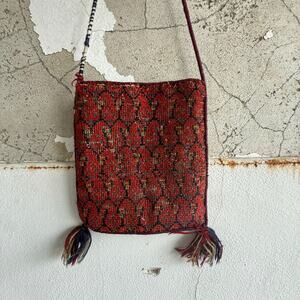 Vintage Boho Tapestry Shoulder Bag Red Woven‎ Crossbody with Tassels Festival